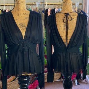 BCBGMaxAzria Black Boho Silk Crochet Blouse Top Sz L